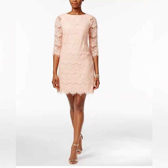 Jessica Howard Lace Illusion Sheath Dress in Peach - Size 14W - Picture 1 of 7